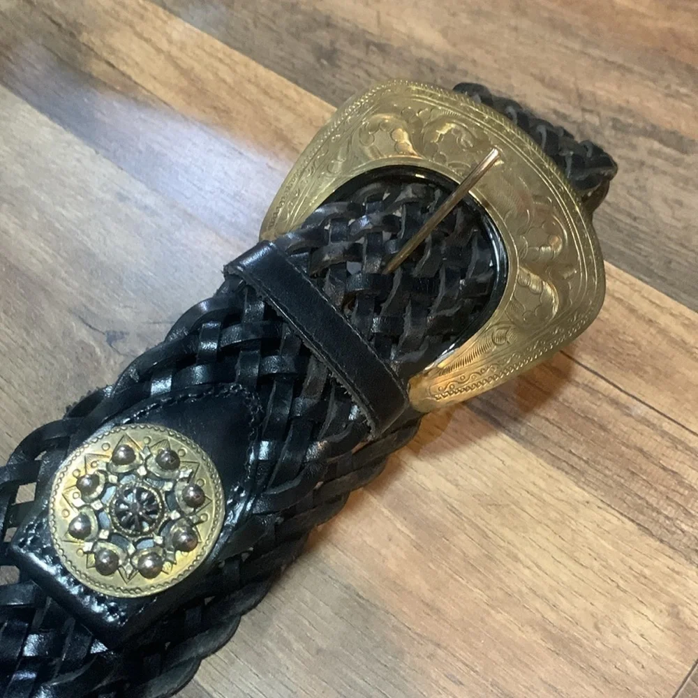 XS/SmallVintage Black Braided Leather Wide Belt With Ornate Carved Gold Buckle 0